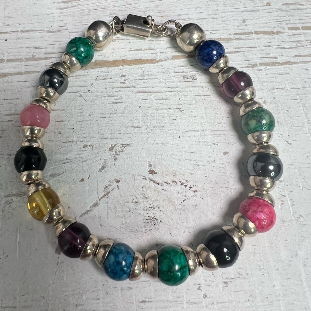 Taxco Mexico Sterling Silver Stone Bracelet 6 3/4” B11 - Picture 3 of 4